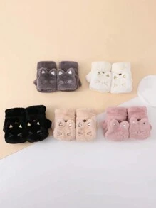 1 Pair Women's Cat Cartoon Convertible Half Finger Gloves, Warm Plush Lining Thick Winter Gloves