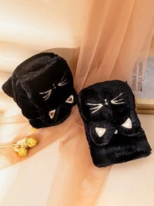 1 Pair Women's Cat Cartoon Convertible Half Finger Gloves, Warm Plush Lining Thick Winter Gloves