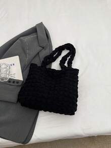 1入組女孩實色氣泡尼龍手提袋,簡單開放式肩背袋,適用於日常使用 - 黑色 - 查看 5