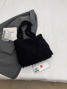 1入組女孩實色氣泡尼龍手提袋,簡單開放式肩背袋,適用於日常使用 - 黑色 - 查看 4