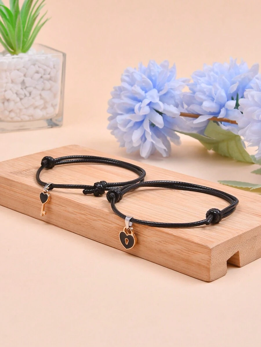 2入組可調節花式編織星星手鍊,禮物、友情禮物、學生手環、紀念禮物 - 黑色 - 查看 1