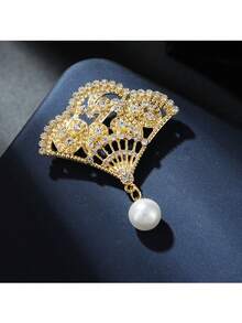1個女式風扇形珍珠裝飾胸針,適合節日派對著裝 - 金色 - 查看 2