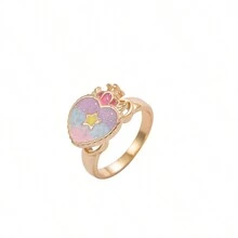 1個可愛的馬卡龍色彩液體油畫平滑漸變的王冠和心形陀螺指環,生日禮物,日常佩戴 - 金黃色 - 查看 5