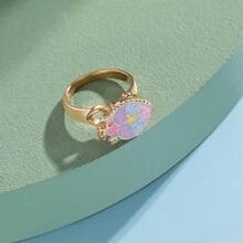 1個可愛的馬卡龍色彩液體油畫平滑漸變的王冠和心形陀螺指環,生日禮物,日常佩戴 - 金黃色 - 查看 4