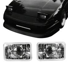 1Pair Head Lights Fit For Most Vehicles, Universal Chrome 7x6 Square H4 Diamond Projector Headlights Left Right By IKON MOTORSPORTS