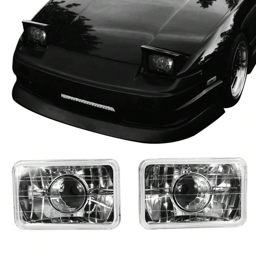 1Pair Head Lights Fit For Most Vehicles, Universal Chrome 7x6 Square H4 Diamond Projector Headlights Left Right By IKON MOTORSPORTS