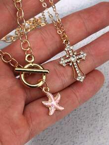 2pcs Cute Starfish & Pink Rhinestone Inlaid Cross Necklace, Fashionable - Yellow Gold - View 2
