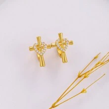 一对简约百搭趣味可爱方晶锆石铜镀18K金耳环适合日常装饰 - 彩色 - 查看 3