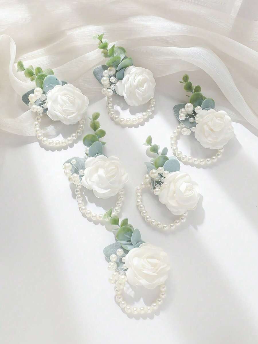 6pcs White Rose & Pearl Beaded High-End Elegant Wrist Flower Set For Wedding And Party - Multicolor - View 1