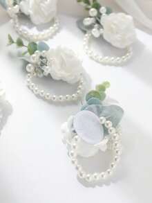 6pcs White Rose & Pearl Beaded High-End Elegant Wrist Flower Set For Wedding And Party - Multicolor - View 3