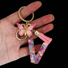 1个女士字母钥匙扣，心形闪光树脂字母，蝴蝶吊坠和流苏，新颖的背包挂件，情人节汽车配饰包包挂饰，学校万圣节配饰，教师节圣诞节礼物创意，带证件夹的挂绳，汽车配饰包包挂饰，送给母亲、父亲、毕业生和老师的礼物 - 粉色 - 查看 24