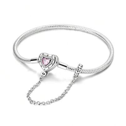 1 pieza Brazalete básico suave con cadena y cadena de hueso de serpiente, plateado en plata con zirconia rosa brillante - Amor infinito