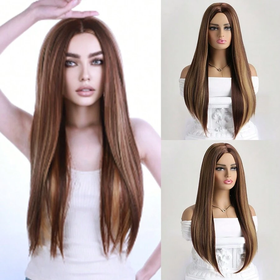 26英寸女士時尚棕色漸層合成纖維長直髮假髮，自然中分瀏海，高溫耐熱材料，適合日常穿着、萬聖節裝扮和聚會 - 間色 - 查看 1