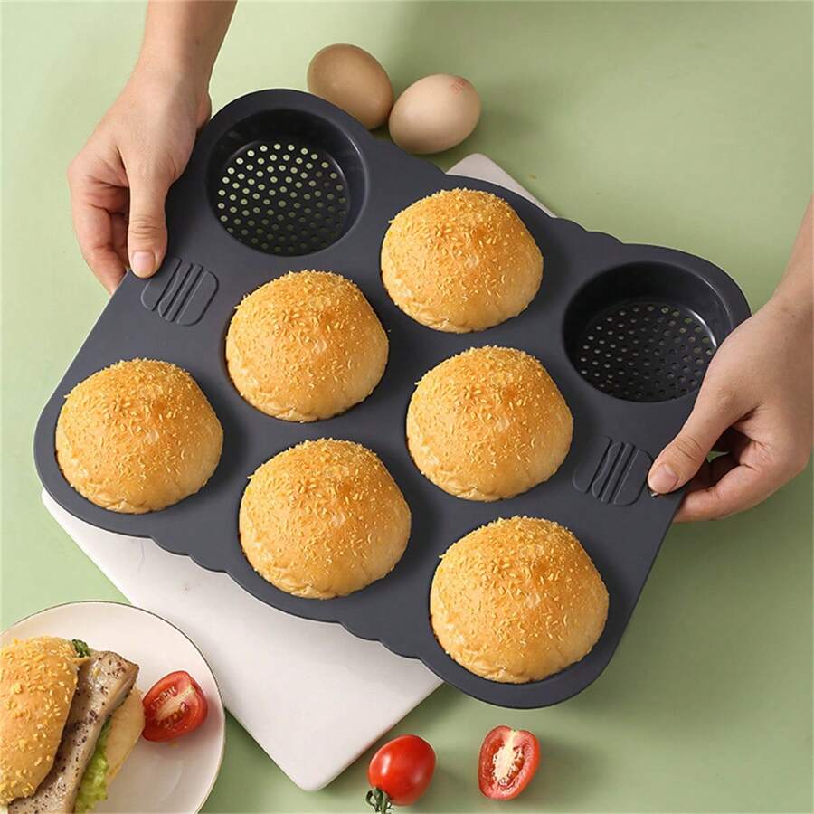 1pc,Silicone Hamburger Bread Forms, 8 Cavities Silicone Loaf Pan Perforated Bakery Molds Non Stick Baking Sheets Bread Bun Mold, Fit Half Pan Size - Dark Grey - View 1