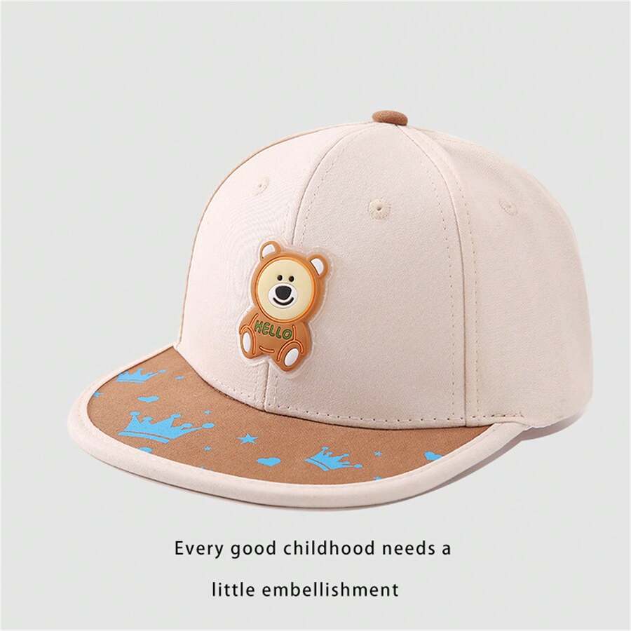 儿童熊平檐棒球帽，幼儿男孩女孩卡通防晒帽 - 米色 - 查看 1