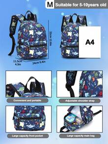 1pc Cartoon Printed Polyester Zippered Fashion Backpack For Boys And Girls Suitable For Daily Use Such As School - Blue - View 2