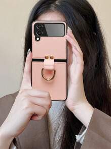 淺粉紅色商務風格全蓋指環pu手機殼,相容於三星galaxy Z Flip可折疊螢幕 - 淺粉色 - 查看 3