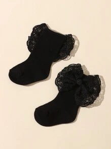 1對蕾絲蝴蝶結襪+1頭帶蕾絲蝴蝶結 - 黑色 - 查看 3