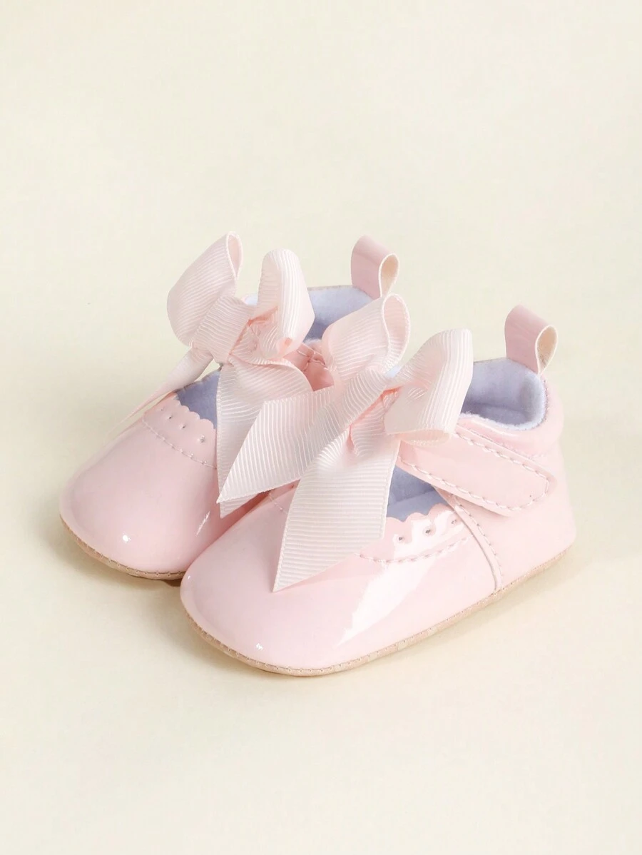 Infant Girls' Bow Knot Design Pu Shoes, Soft Non-Slip Bottom, Spring & Autumn, Fit For 0-18 Months Babies - Pink - View 1