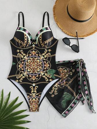 Women Vintage Chain, Floral Print One-Piece Swimsuit With Cover-Up Summer