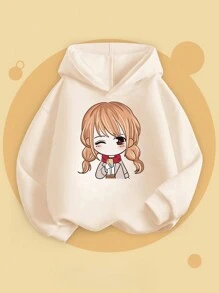 1pc Tween Girl Cute Graphic Print Hooded Sweatshirt, Young Student Outfit, Autumn/Winter - Apricot - View 3