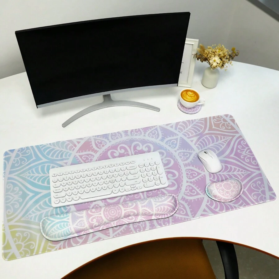 1set Rubber Mouse Pad + Rubber Keyboard Wrist Rest + Small Wrist Rest + Cup Coaster Kit For Desktop/ Laptop Office Use - Multicolor - View 1