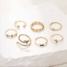 7入組青少年鋅合金創意蛇形設計戒指,嵌有石頭,時尚的生日禮物選擇 - 金黃色 - 查看 5