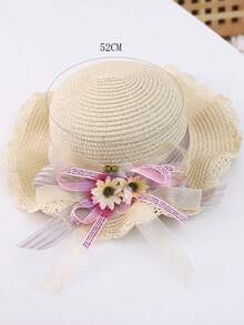 1套女孩可愛公主草帽,花卉布帶,斜背包,遮陽帽,適用於公主外出或日常使用 - 米色 - 查看 3