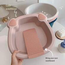 1pc Household Wash Basin With Washboard And Handle For Washing Clothes, Babies, Dorms - Cute Plain Plastic Basin - Pink - View 6