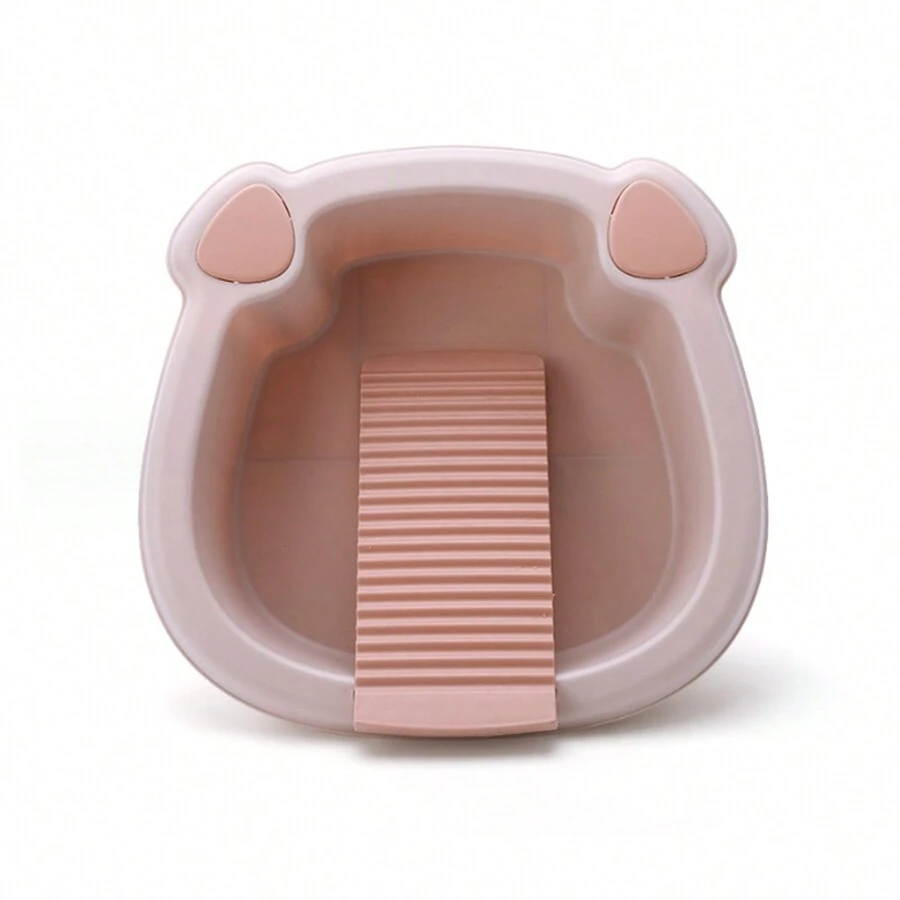 1pc Household Wash Basin With Washboard And Handle For Washing Clothes, Babies, Dorms - Cute Plain Plastic Basin - Pink - View 1