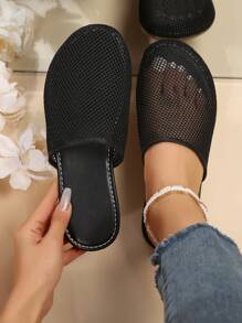 New Arrival European And American Style Plus Size Women's Mesh Embellished Flat Non-Slip Slippers