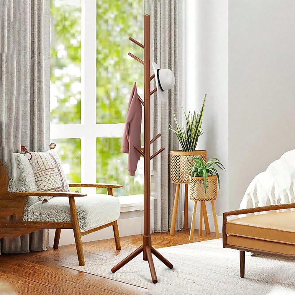 Sturdy Wooden Coat Stand, 3 Adjustable Sizes Coat Tree With 8 Hooks, Coat Stands For Hallway