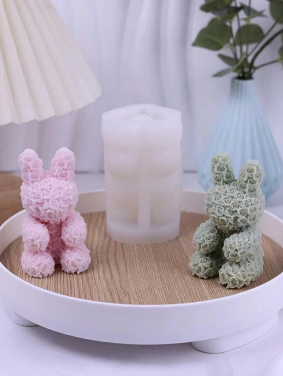 1入新款情人節復活節玫瑰花兔子香薰蠟矽膠模具，適用於DIY石膏裝飾 - 白色 - 查看 1