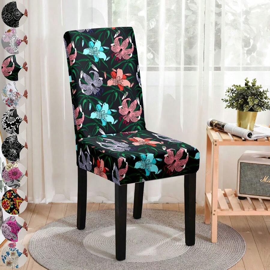 1pc Printed Elastic Chair Slipcover, Washable Protective Cover Suitable For Dining Room, Living Room - Multicolor - View 1
