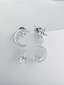 1pair Simple & Fashionable Silver-Color Star & Moon Shaped Earrings With Rhinestones For Women's Daily Wear - Silver - View 4