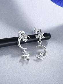 1pair Simple & Fashionable Silver-Color Star & Moon Shaped Earrings With Rhinestones For Women's Daily Wear - Silver - View 2