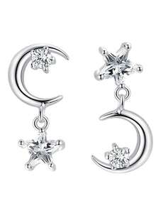 1pair Simple & Fashionable Silver-Color Star & Moon Shaped Earrings With Rhinestones For Women's Daily Wear - Silver - View 5