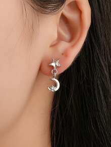 1pair Simple & Fashionable Silver-Color Star & Moon Shaped Earrings With Rhinestones For Women's Daily Wear - Silver - View 1