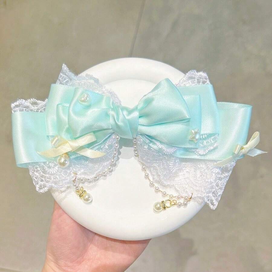 1入超可愛兒童蝴蝶結蕾絲頭飾,珍珠流蘇網狀髮夾,女孩超大多層蝴蝶結頭飾,適用於日常和派對,是送給女孩的理想選擇禮物 - 綠色 - 查看 1