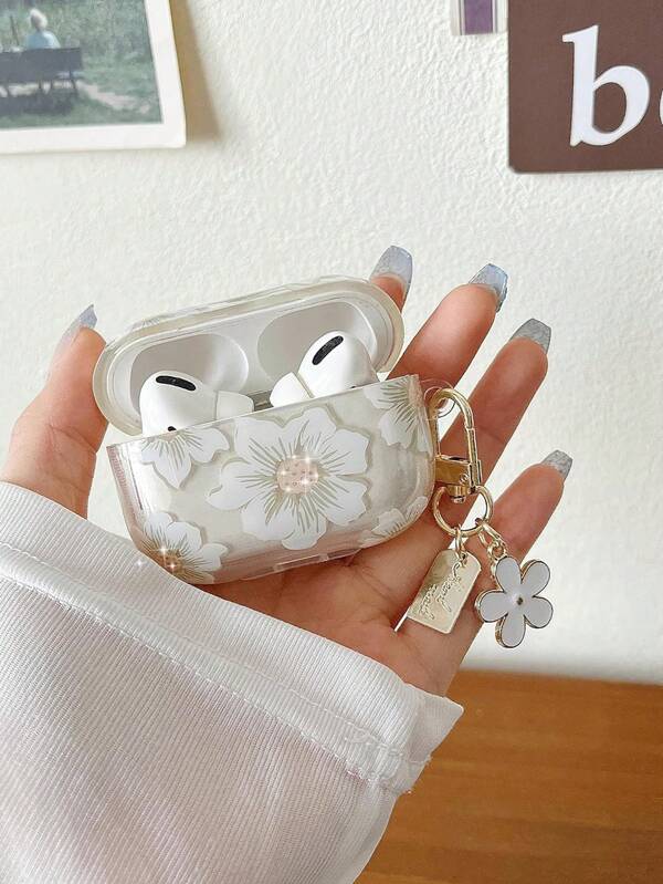 Glitter White Flower Earphone Case For AirPods Pro 2 Wireless Bluetooth Earphones Protective Shell, Transparent Floral Protective Cover For AirPod 3 Pro Soft 2nd Generation, Luxury For Women