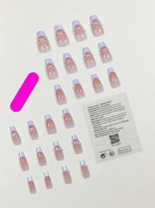 24pcs/set White French Stripe Ballet Coffin Shape False Nails For Finger Decoration - Multicolor - View 2