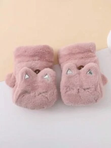 1 Pair Women's Cat Cartoon Convertible Half Finger Gloves, Warm Plush Lining Thick Winter Gloves