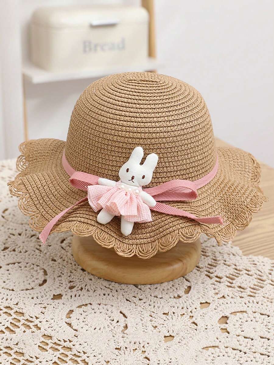 New Girl's Cute Princess Straw Hat With Rabbit Doll Sunscreen & Beach Cap For Travel & Daily Wear - Brown - View 1