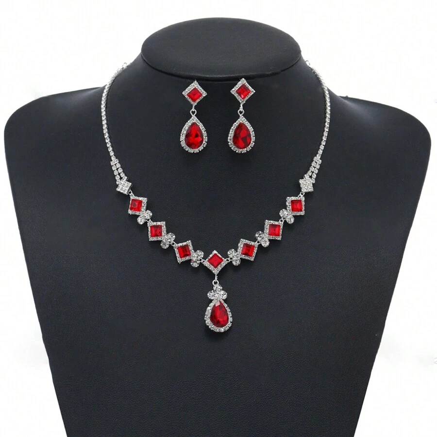 1套時尚高端珠寶紅色方形頸鍊和耳環套裝,優雅的新娘婚禮配飾 - 彩色 - 查看 1