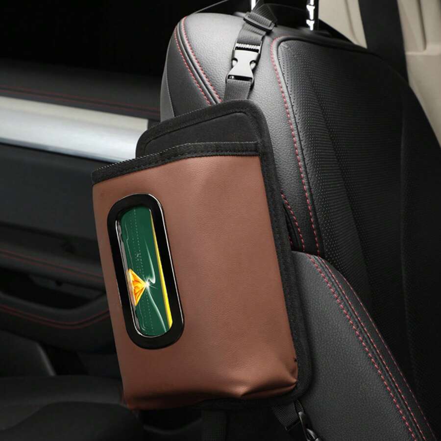 汽車座椅側邊杯子收納袋皮革自動後座掛式紙巾盒支架兒童瓶口袋紙巾抽屜收納盒 - 咖啡棕 - 查看 1