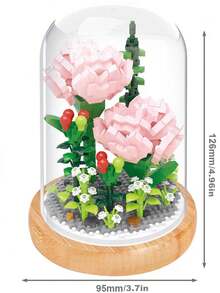 永恆積木花,由超級abs材料製成,包括木質底座和塵罩,適用於臥室或客廳桌面裝飾的花束套裝,手工diy裝配玩具,新年禮物,情侶禮物,紀念禮物,情人節禮物 - 粉色 - 查看 2