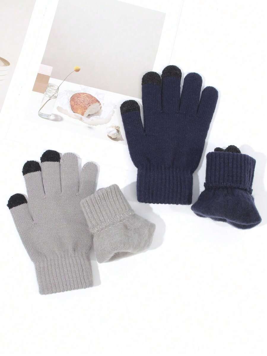 2對純色秋冬保暖編織觸控手套 - 彩色 - 查看 1