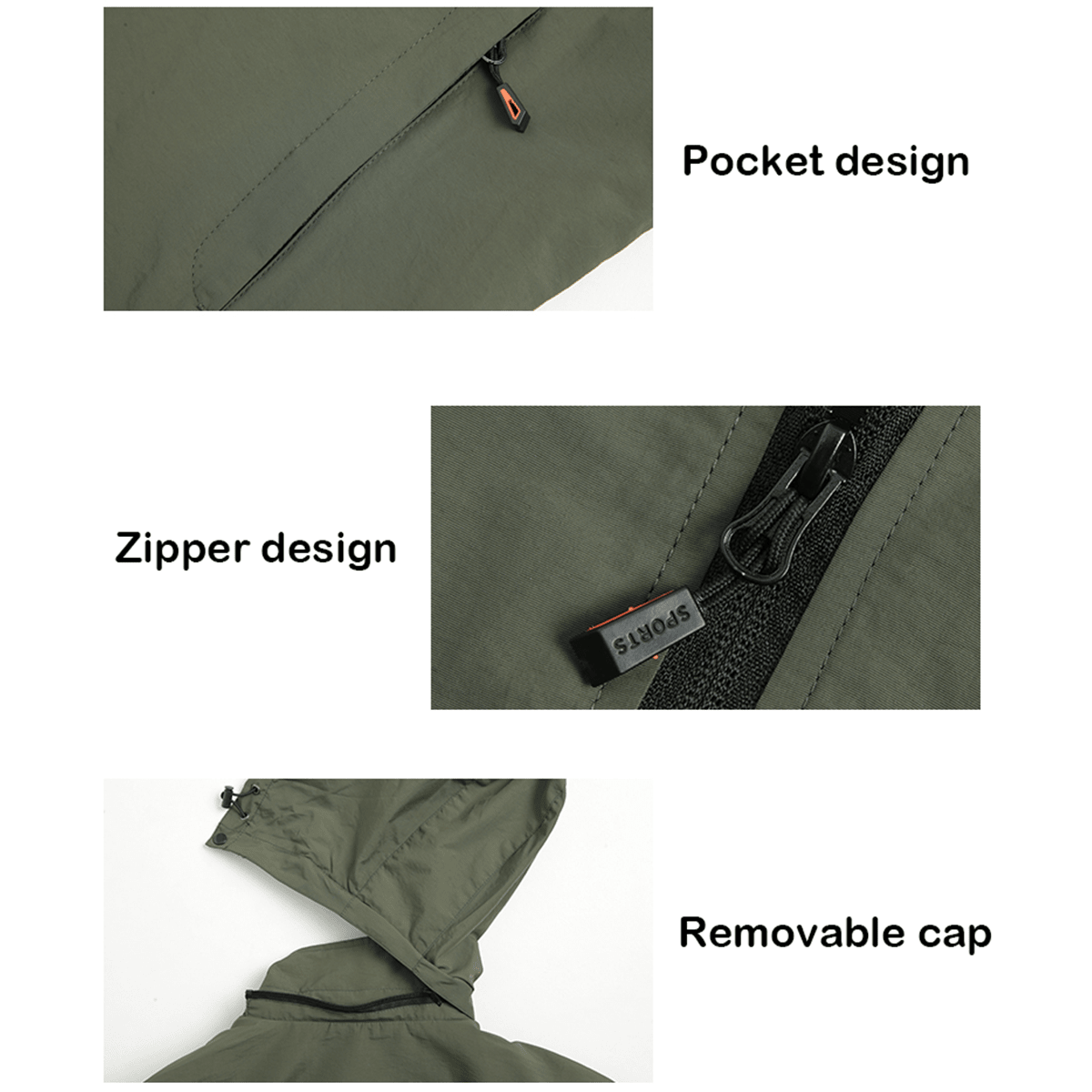 男士防風外套輕盈山地西裝外套男士連帽風衣雨衣健身服男士春季上衣 - 軍綠色 - 查看 8