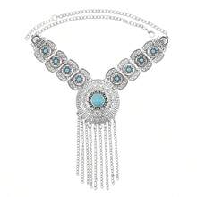 1入復古圓形空心吊墜項鍊,時尚金屬鏈流蘇毛衣長項鍊適用於女性日常穿搭 - 藍色 - 查看 1