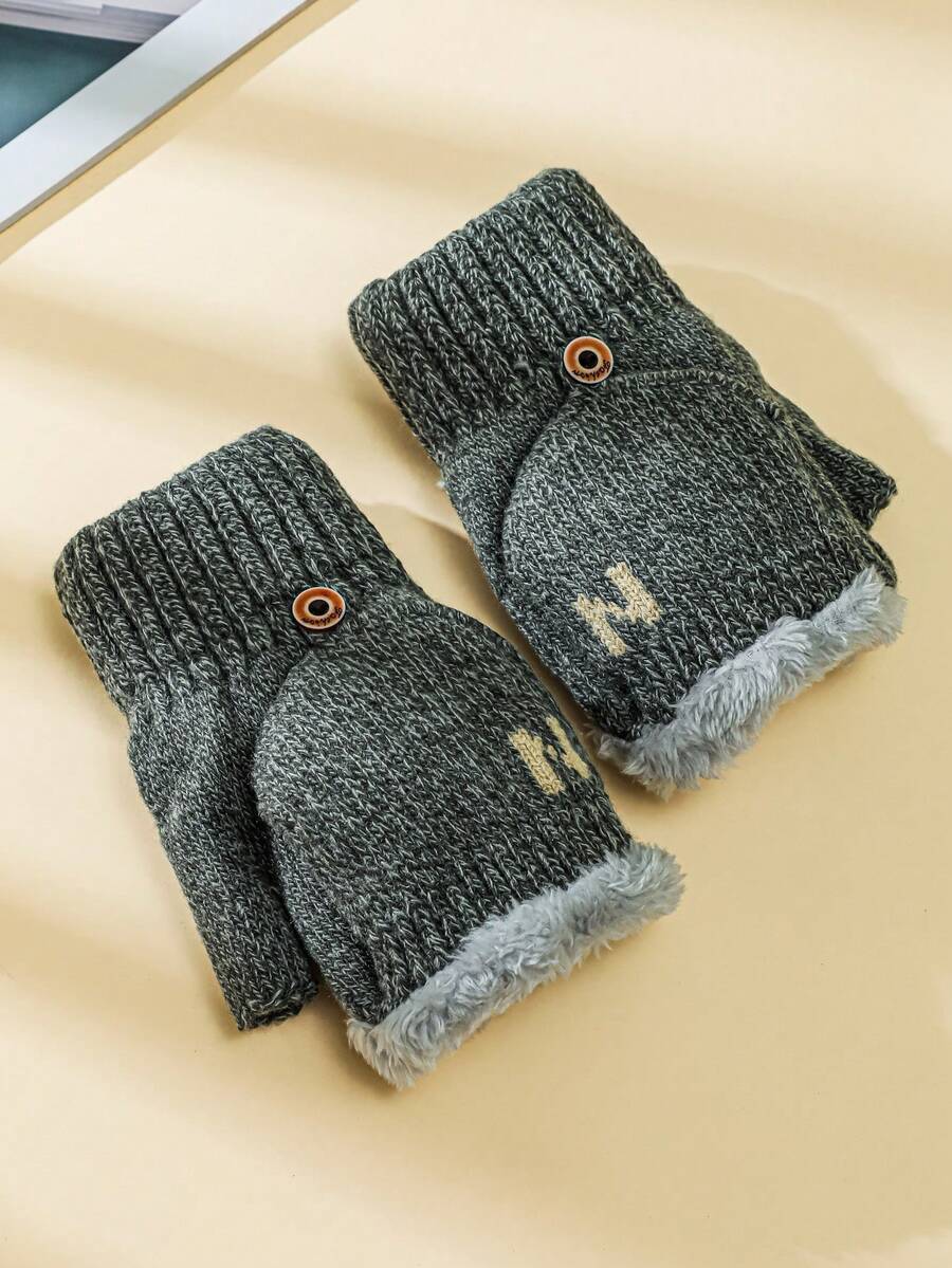 1 双男士加厚针织手套，保暖翻指手套，适合书写和骑行，秋冬季男女通用冬季服装 - 翻蓋手套 - 查看 1